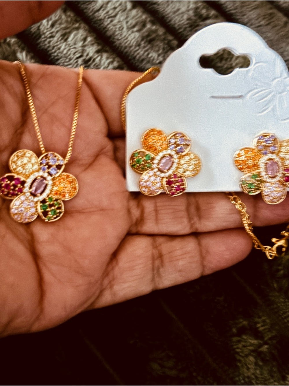 Gold Flower Multi-Color Crystal Necklace and Earring Set